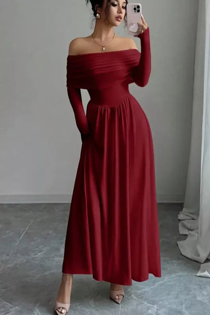 Off-Shoulder Ruched Maxi Dress - Deep Red - View 8