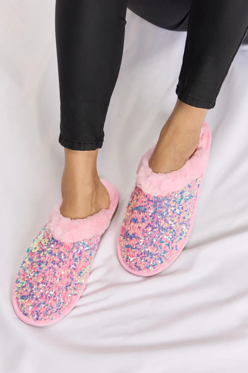 Forever Link Sequin Plush Round Toe Slippers - PINK - View 2
