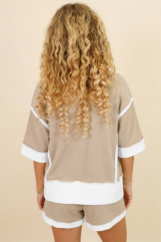 Beige Raw-Edge Oversize Tee & Drawstring Shorts Set - Beige - 2
