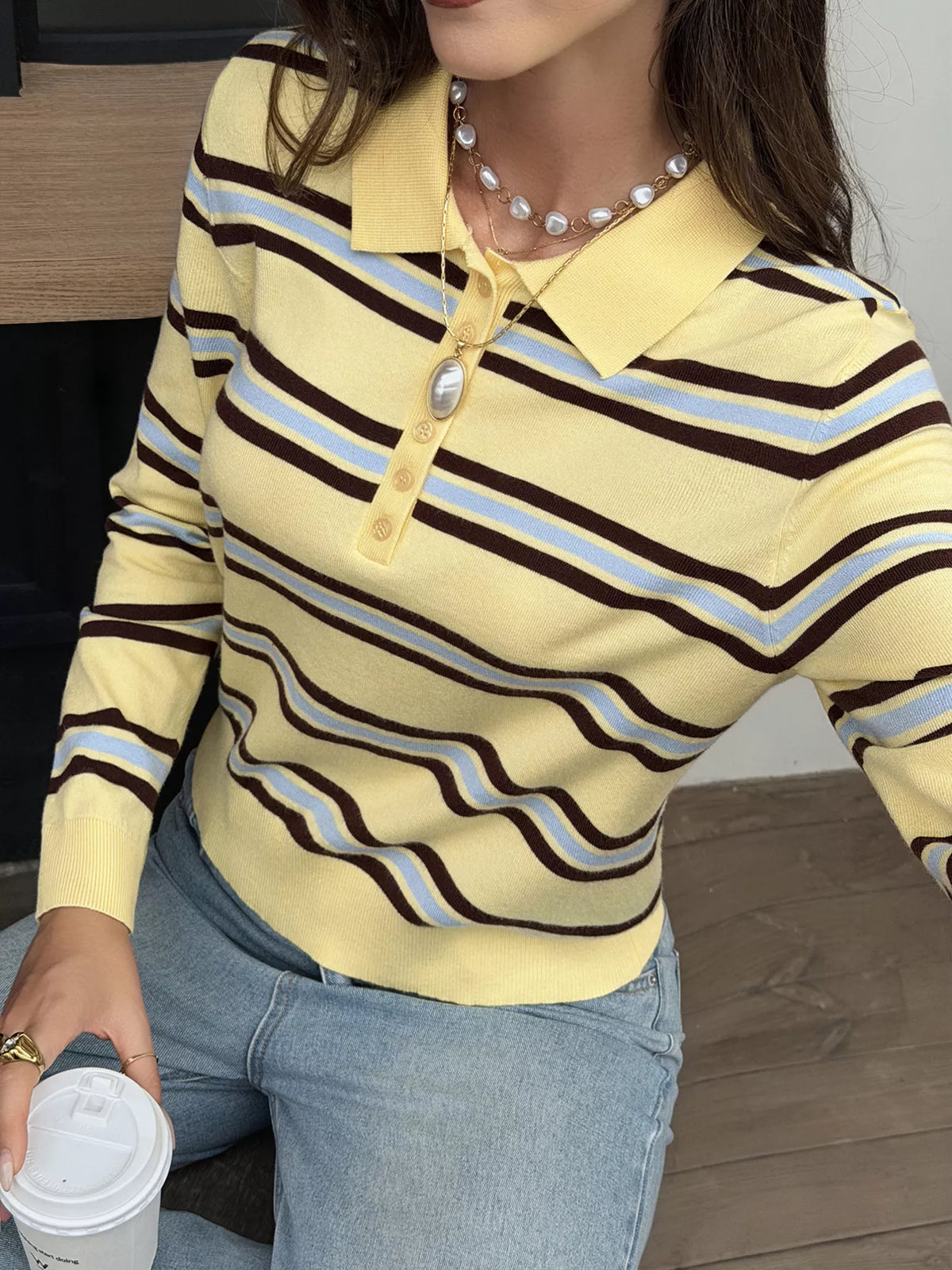 Striped Polo Collar Knit Top - Colorful Stripes - View 1