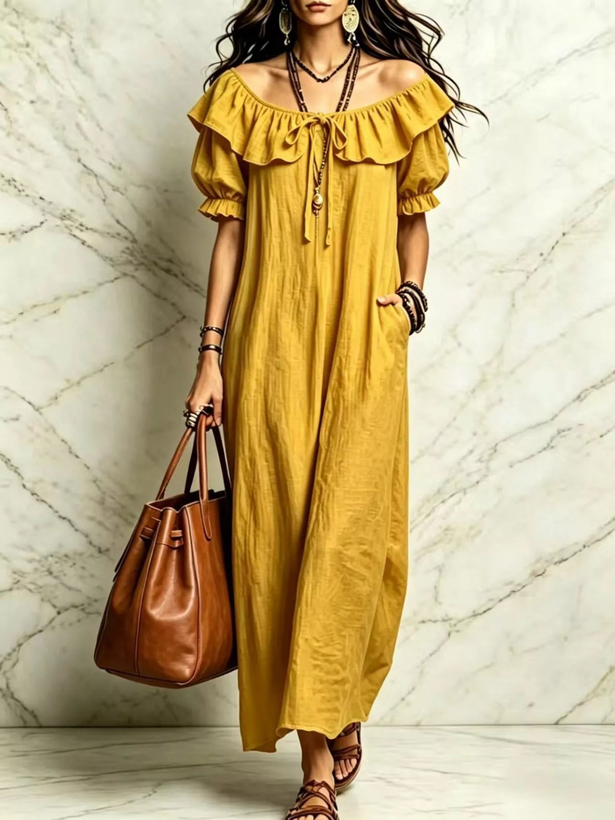 Ruffle Trim Puff Sleeve Maxi Dress - Mustard - View 1