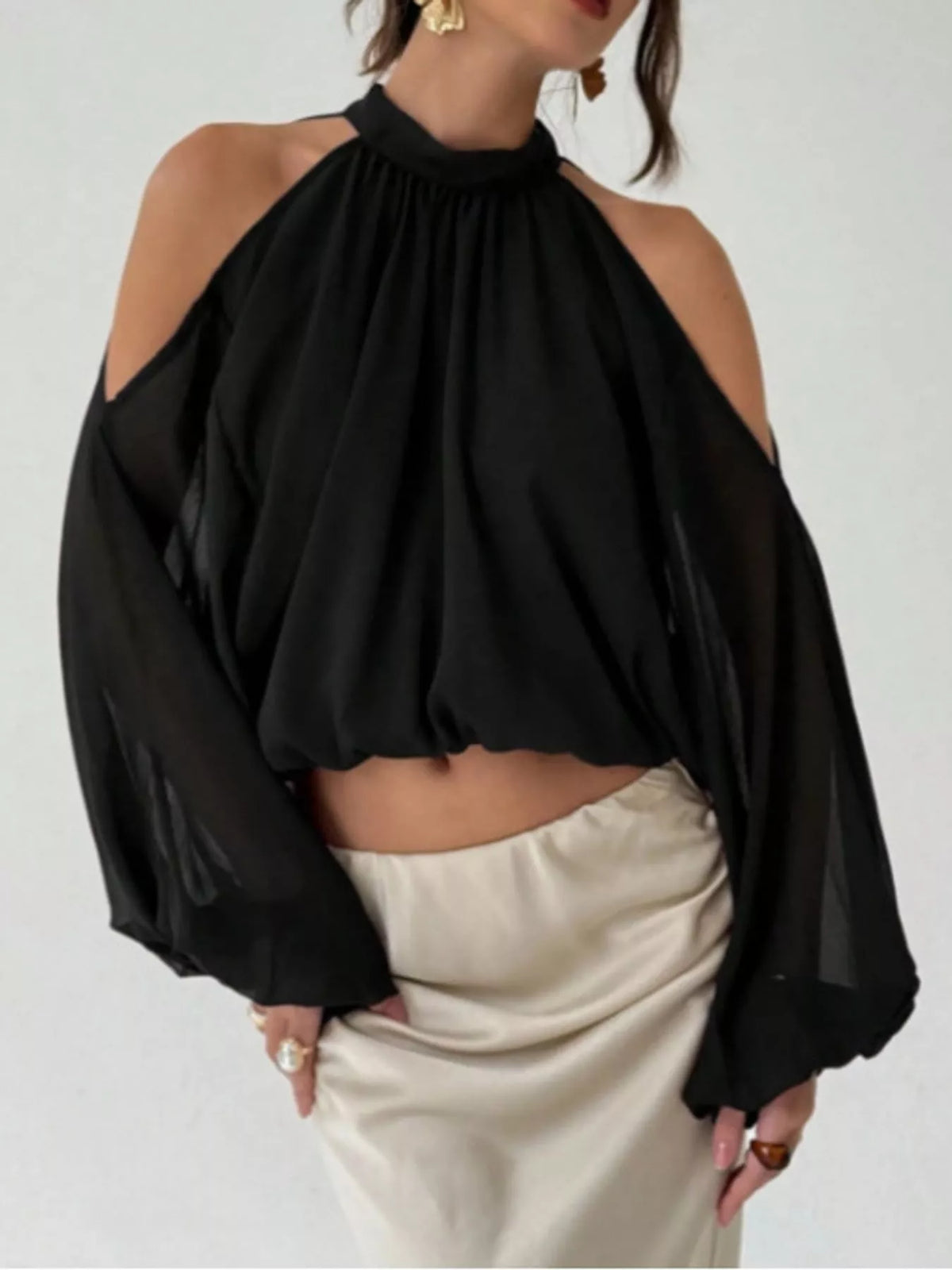 Cold-Shoulder Long Sleeve Blouse - Black - View 5