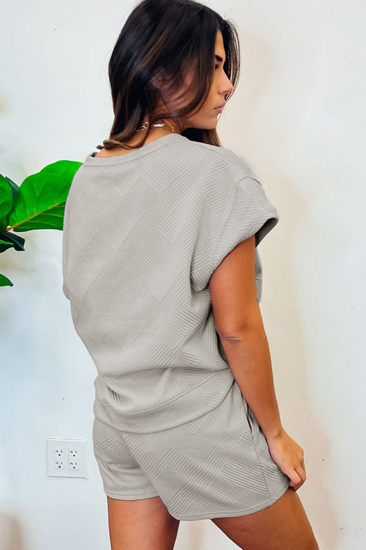Gray Solid Color Textured Loose Top Casual Two Piece Short Set - Gray - 2