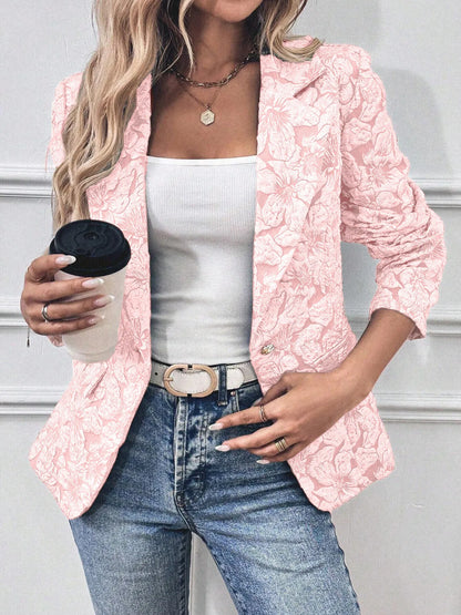 Floral Print Single Button Blazer with Pockets - Pink - View 1