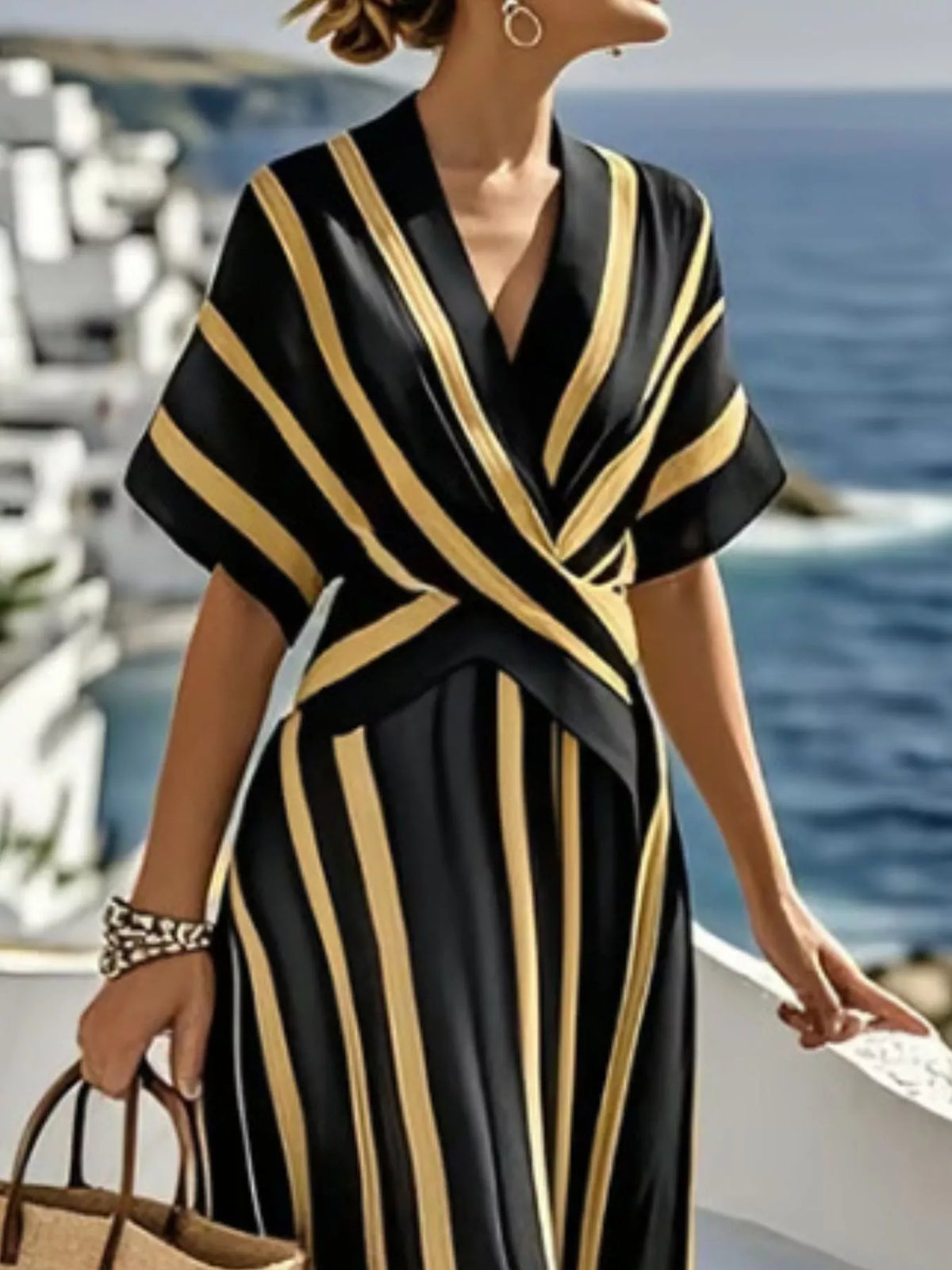 Full Size Striped Surplice Half Sleeve Midi Dress Plus Size - Black - View 2