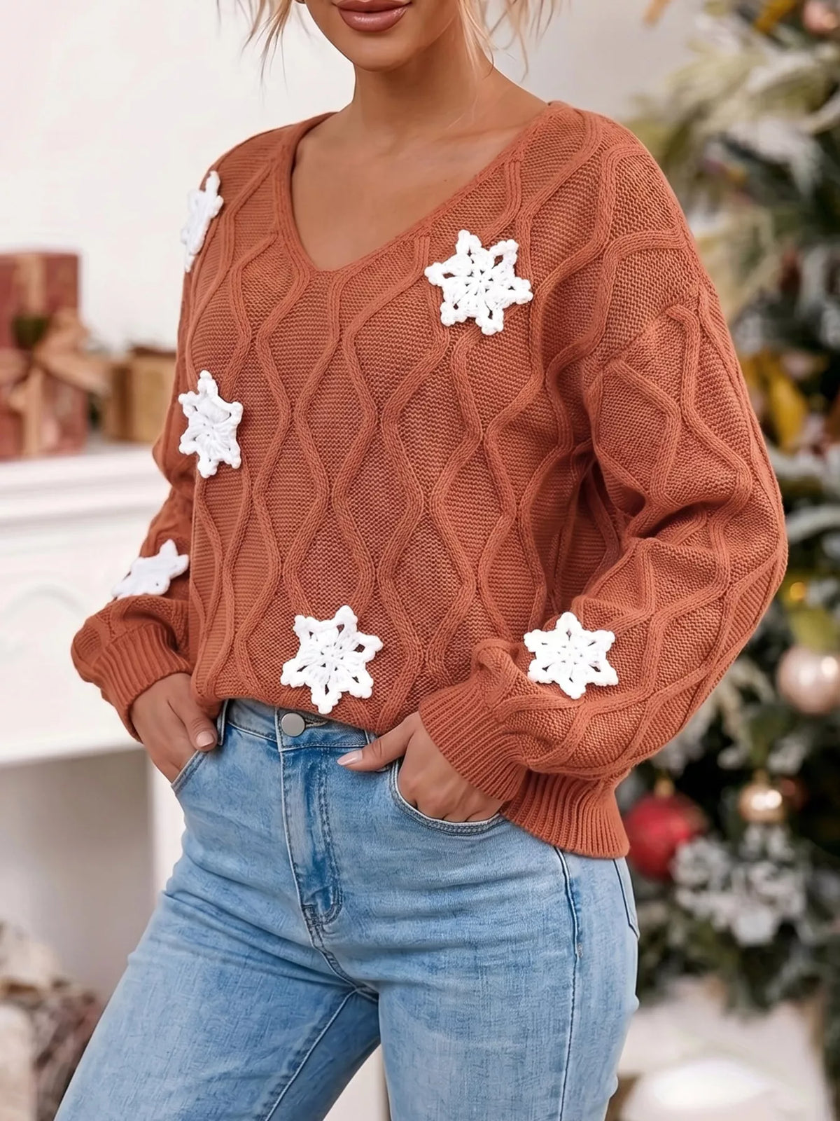 Snowflake Textured V-Neck Sweater - Brown - View 2