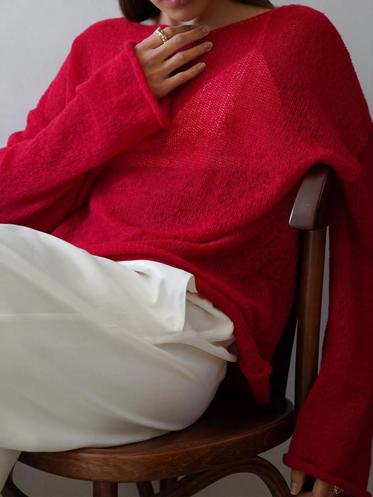 Lightweight Dropped Shoulder Knit Cover Up - Red - View 14