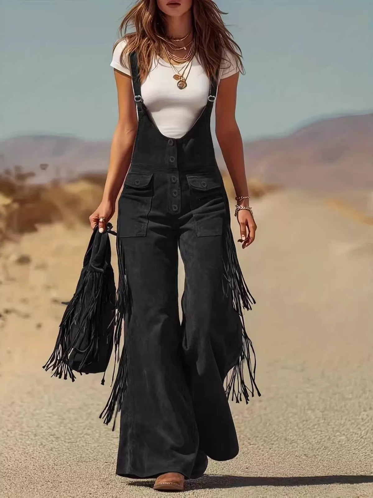 Fringe Detail Flare Leg Overalls - Black - View 1