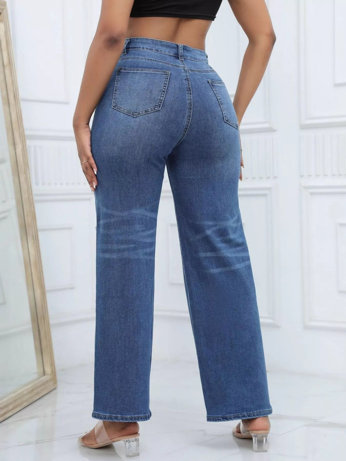 Distressed Wide-Leg Jeans - Dark Blue - View 3
