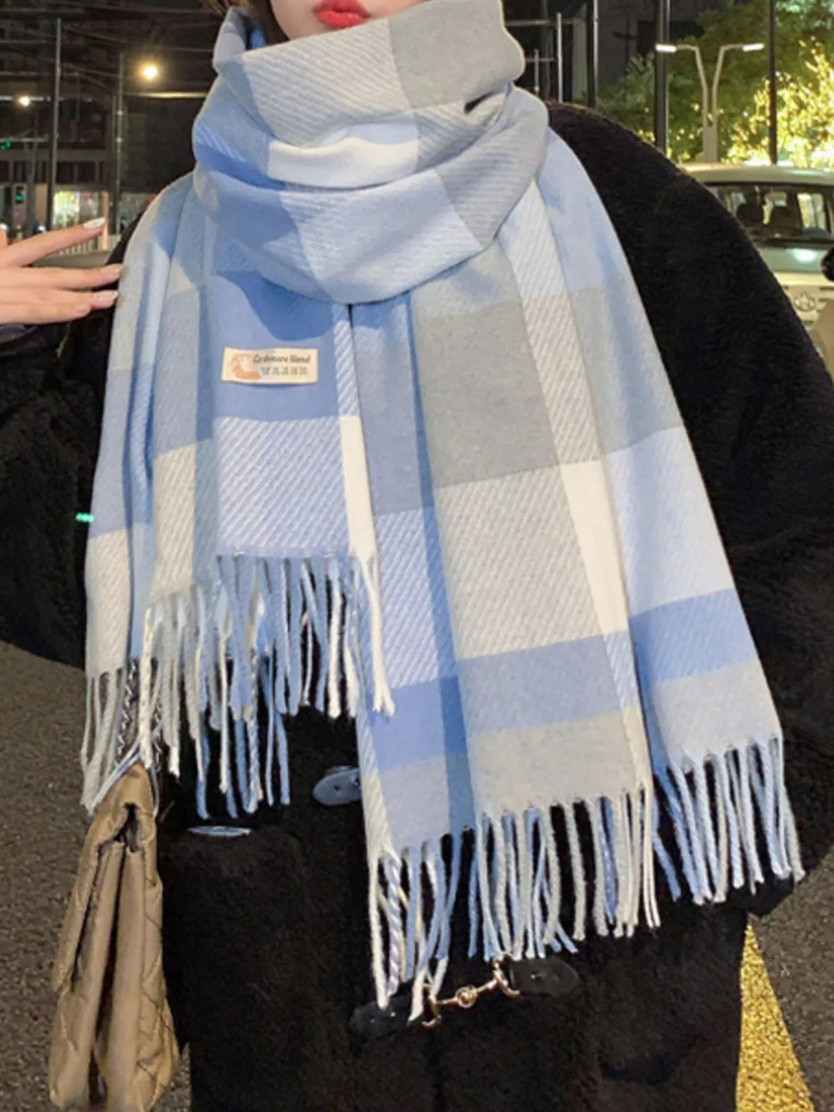 Fringe Plaid Scarf - Blue - View 5