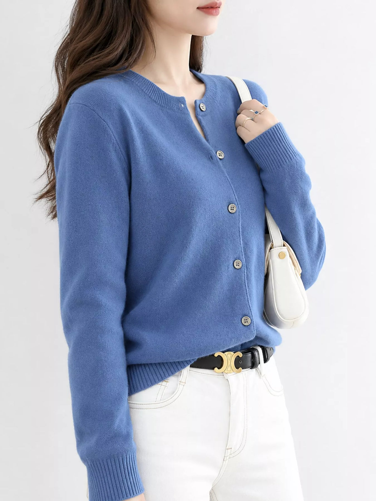Crew-Neck Button-Down Cardigan - Denim Blue - View 42