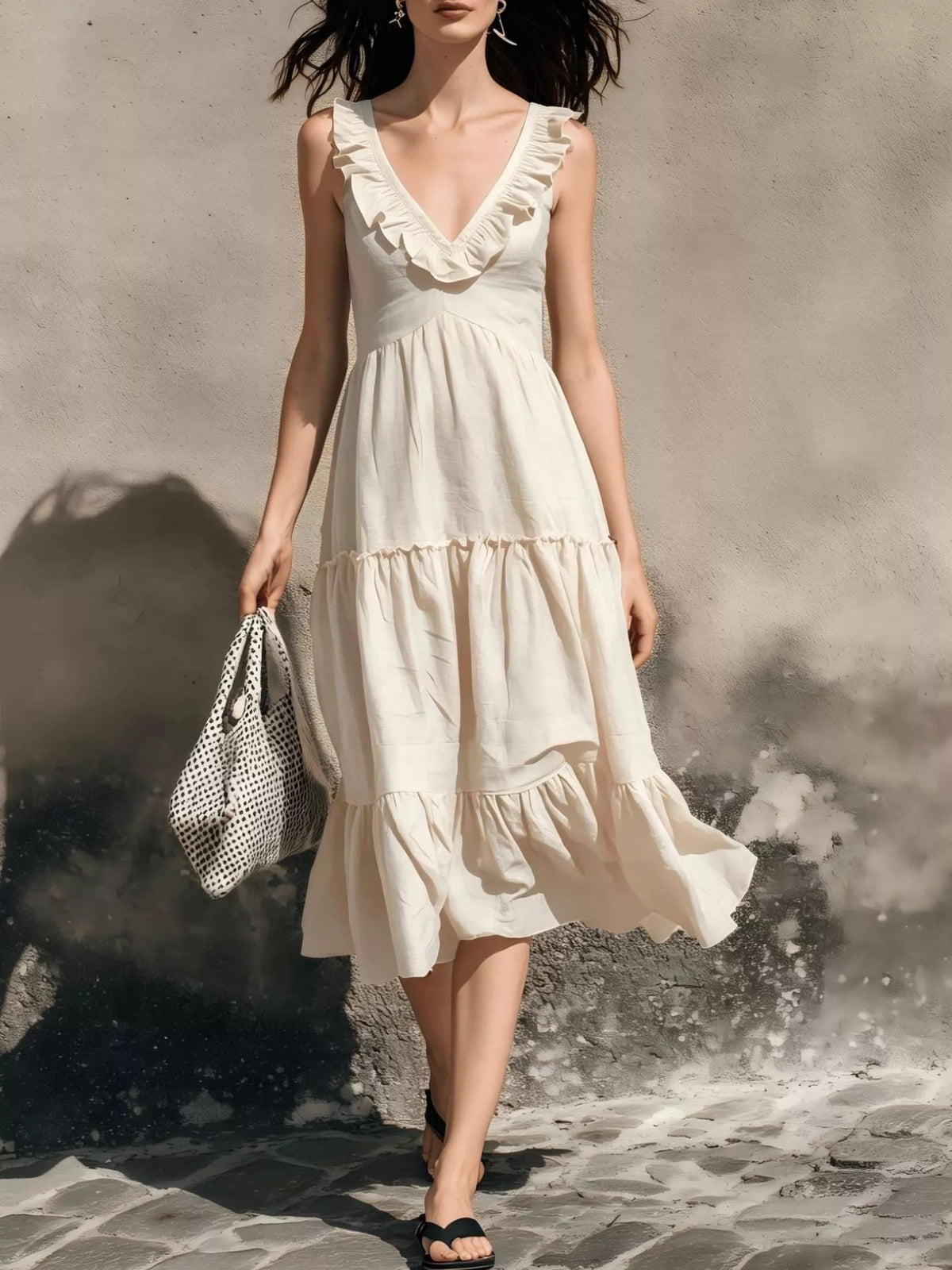 Full Size Ruffled V-Neck Tiered Midi Dress Plus Size - Apricot - View 1