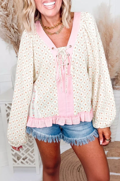 Floral Print Lace-Up Front Blouse with Ruffle Hem - Floral - View 3