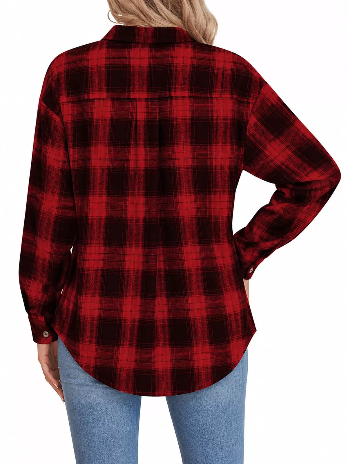 Plaid Button-Down Oversized Shirt - Red - View 11