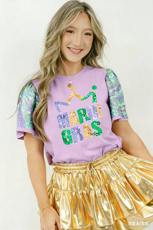Orchid Petal Sequined MARDI GRAS Graphic Patchwork T Shirt - Orchid Petal - 2