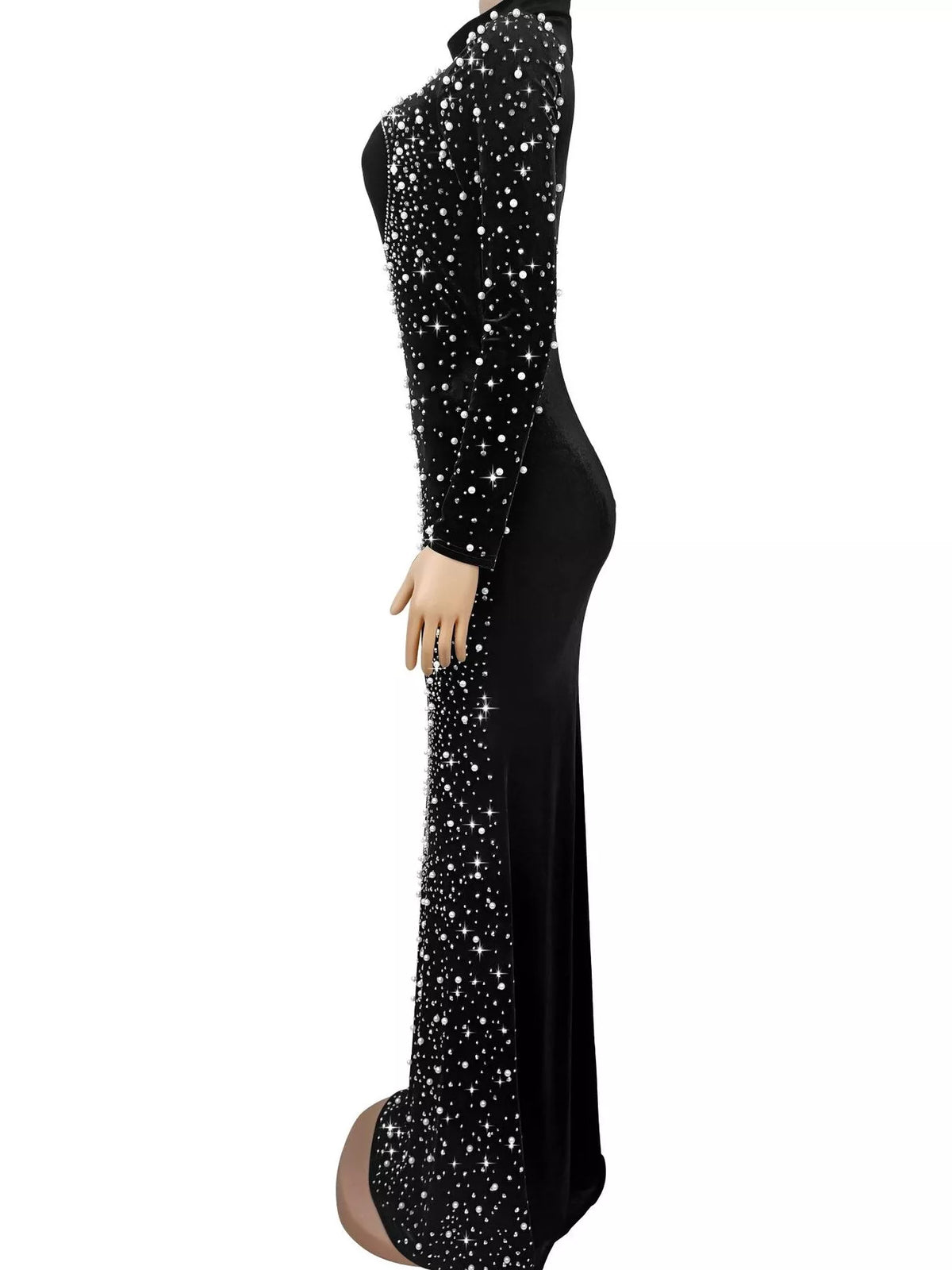 Rhinestone Embellished Velvet Mermaid Evening Maxi Dress - Black - View 4