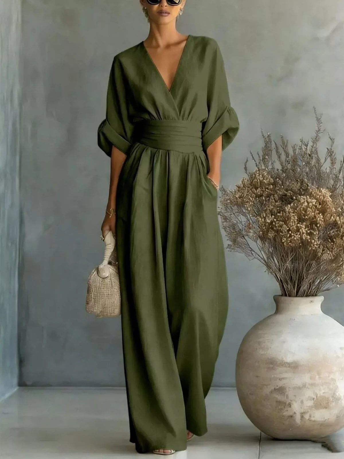 Full Size Half Sleeve Wide-Leg Jumpsuit Plus Size - Dark Green - View 1