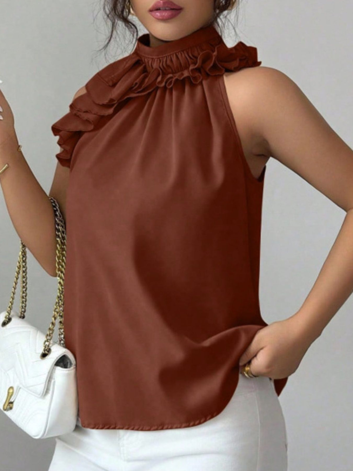 Ruffle High Neck Sleeveless Top - Brown - View 10