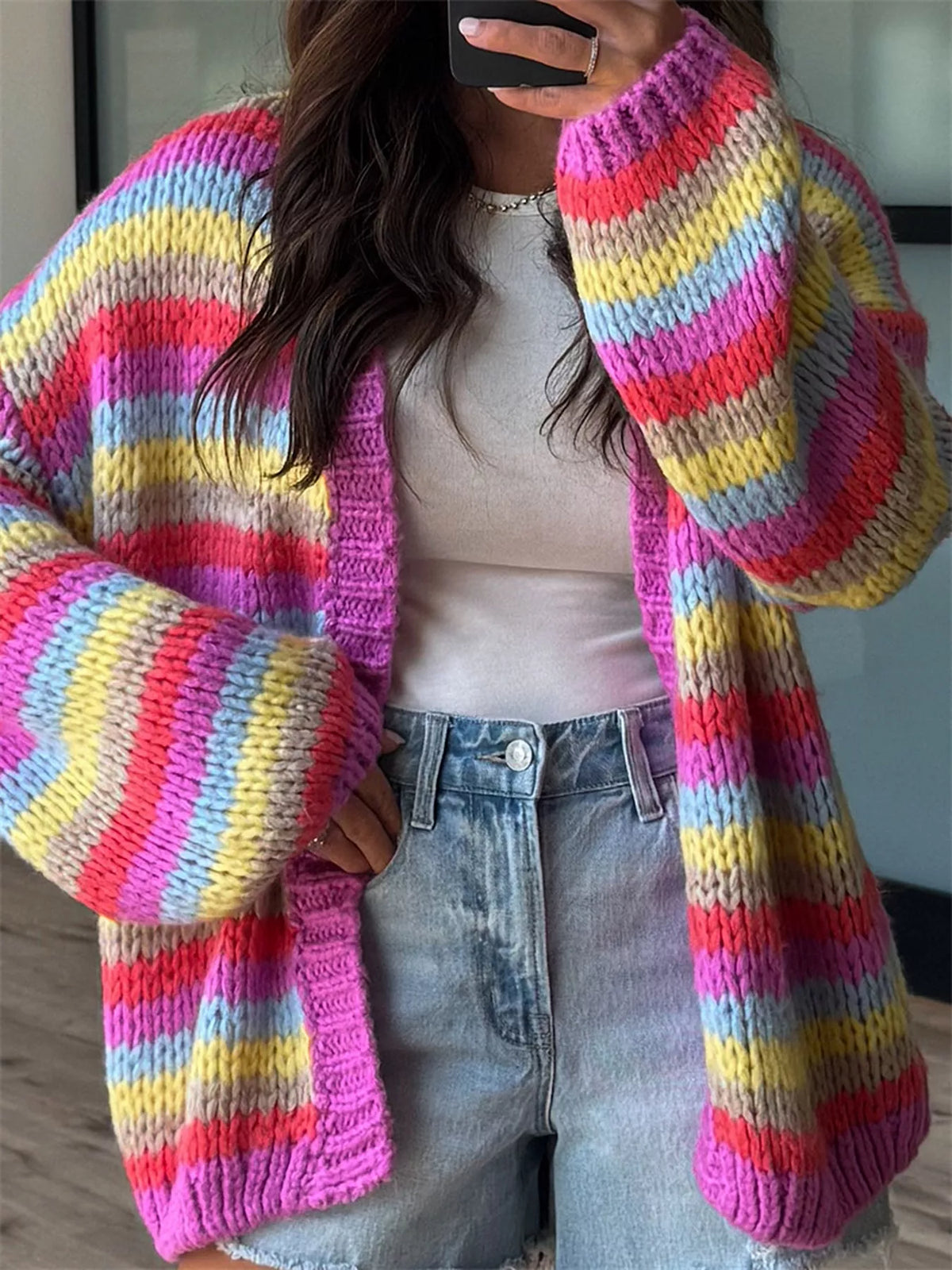 Multi-Color Striped Chunky Knit Open-Front Cardigan - Fuchsia Pink - View 5