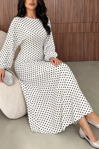 Polka Dot Long Sleeve Maxi Dress - White - View 5