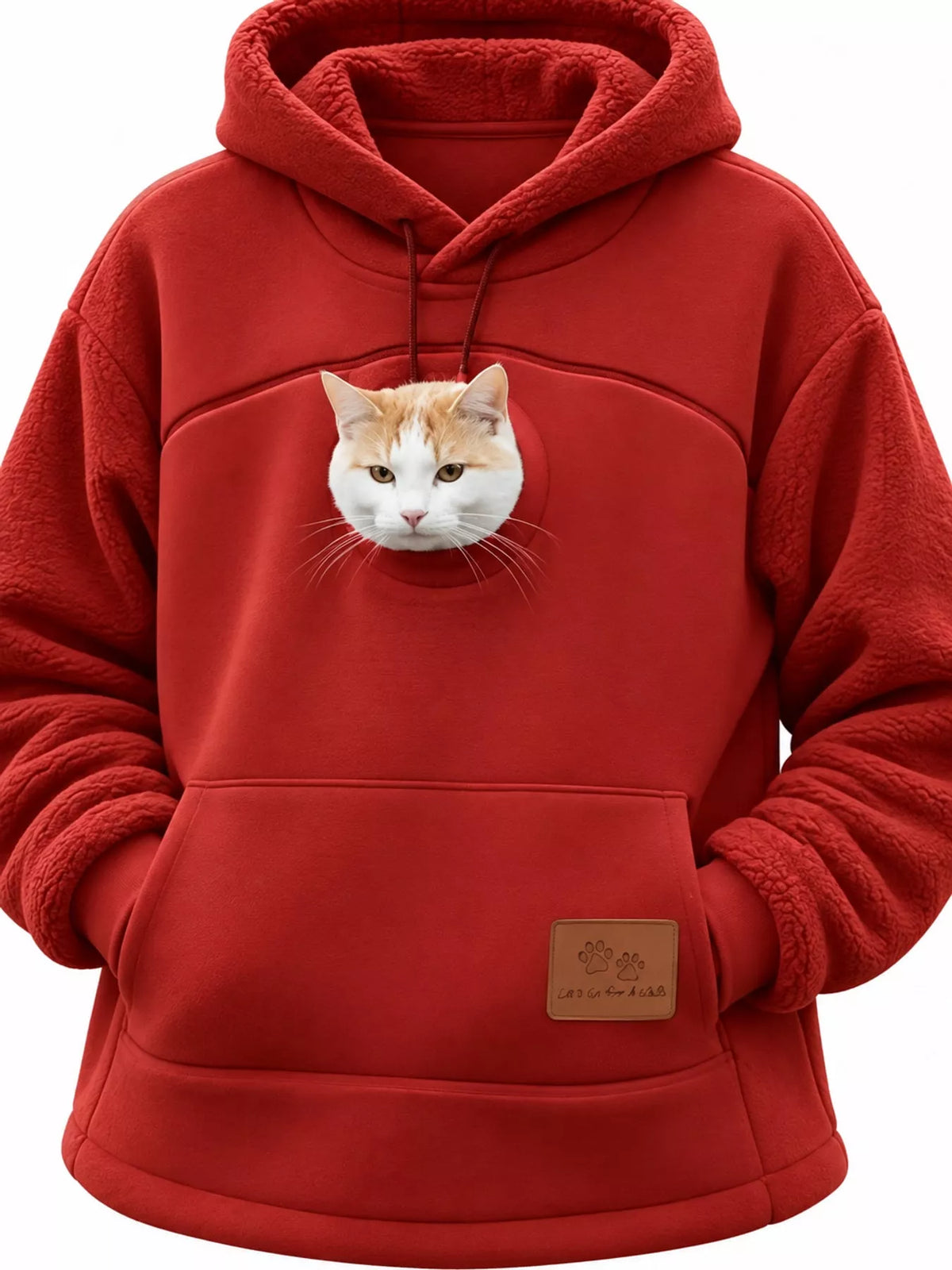 Full Size Fleece Pet-Carrying Hoodie with Cat Pouch Plus Size - Red - View 3