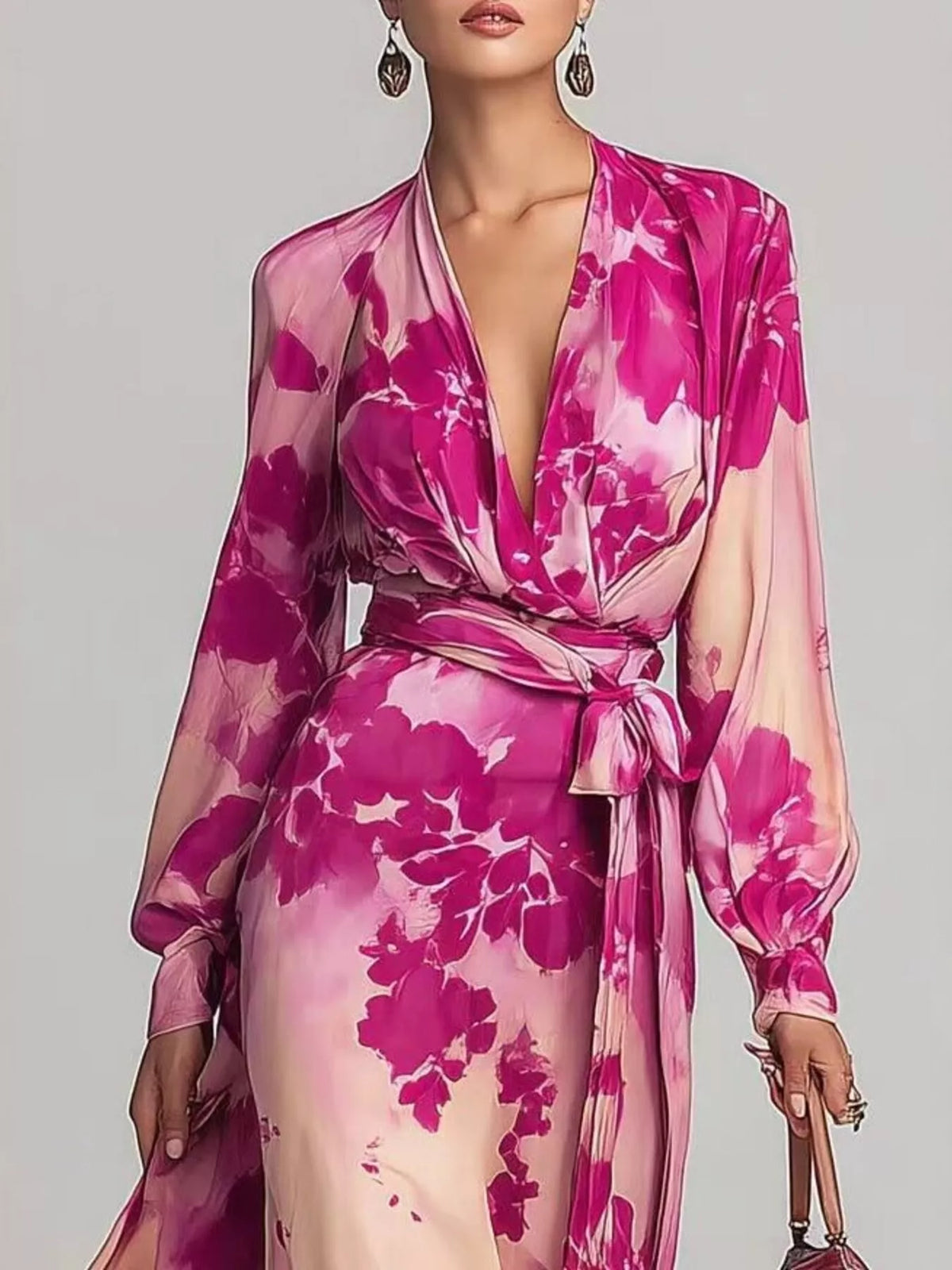 Floral Print Maxi Dress with Waist-Tie Detail - Hot Pink - View 3
