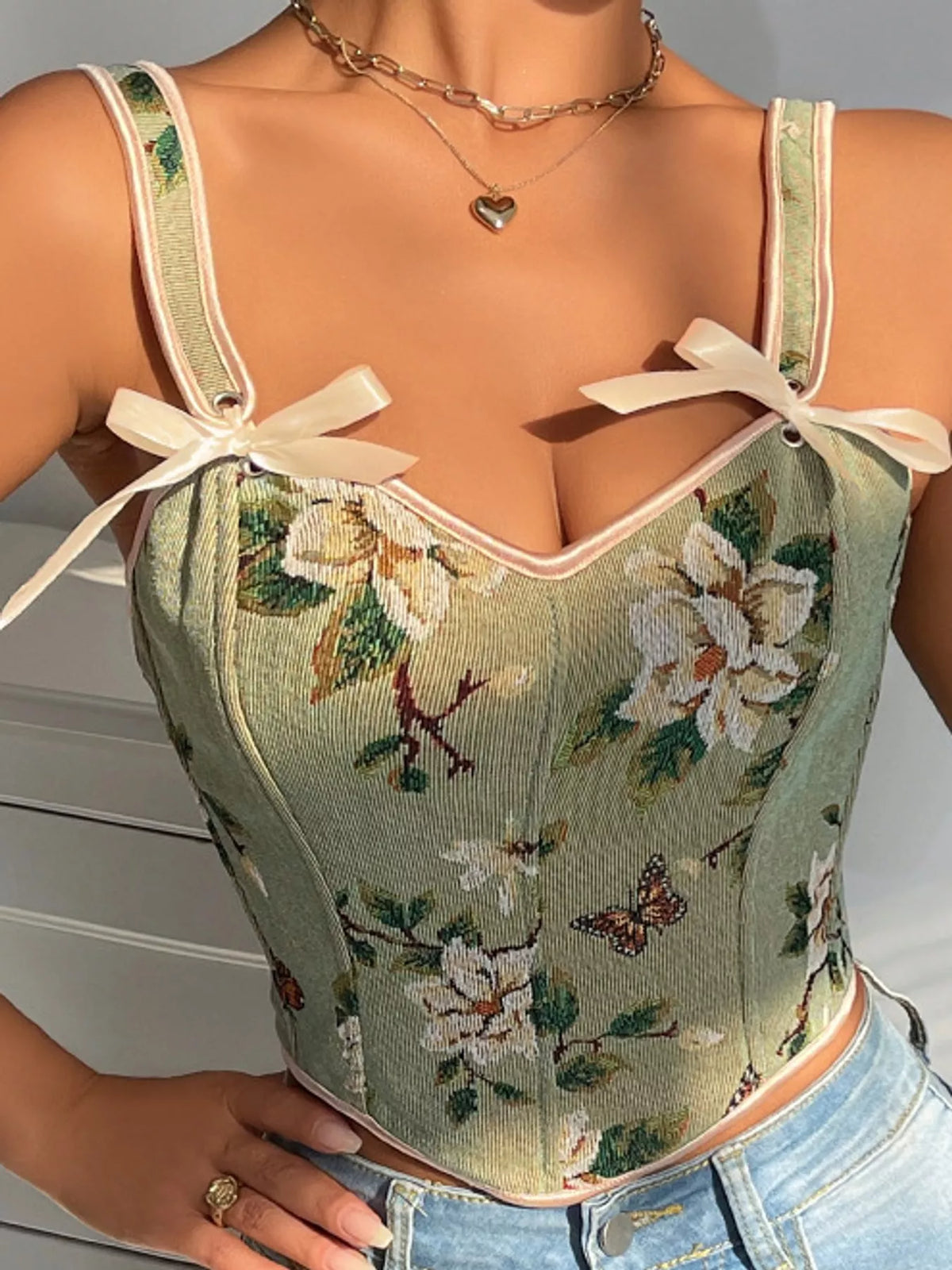 Floral Lace Up Back Tank - Dark Green - View 2