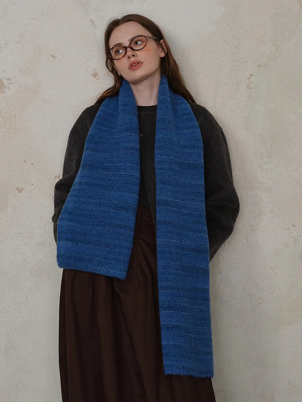 Striped Detail Knit Scarf - Royal Blue - View 13