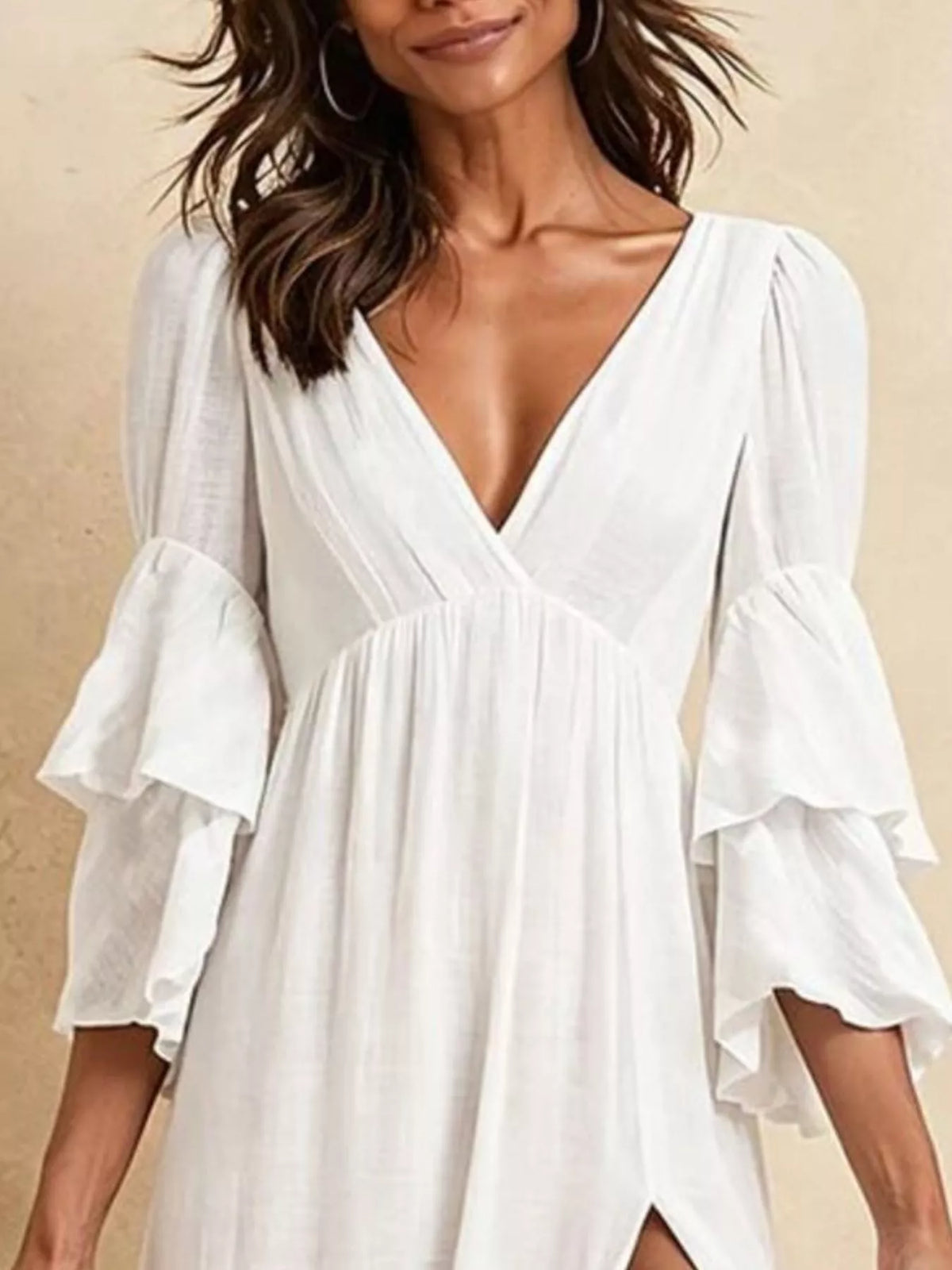 Tiered Ruffle Sleeves High Slit V-Neck Maxi Dress - White - View 2