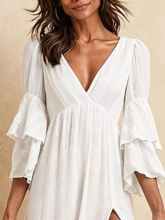 Tiered Ruffle Sleeves High Slit V-Neck Maxi Dress - White - View 2