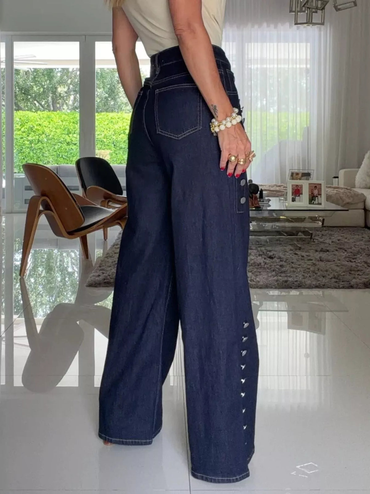 Decorative Button High-Waisted Wide-Leg Jeans - Dark Blue - View 4