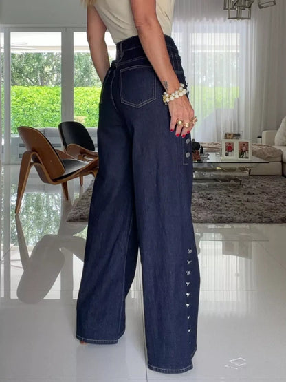 Decorative Button High-Waisted Wide-Leg Jeans - Dark Blue - View 4