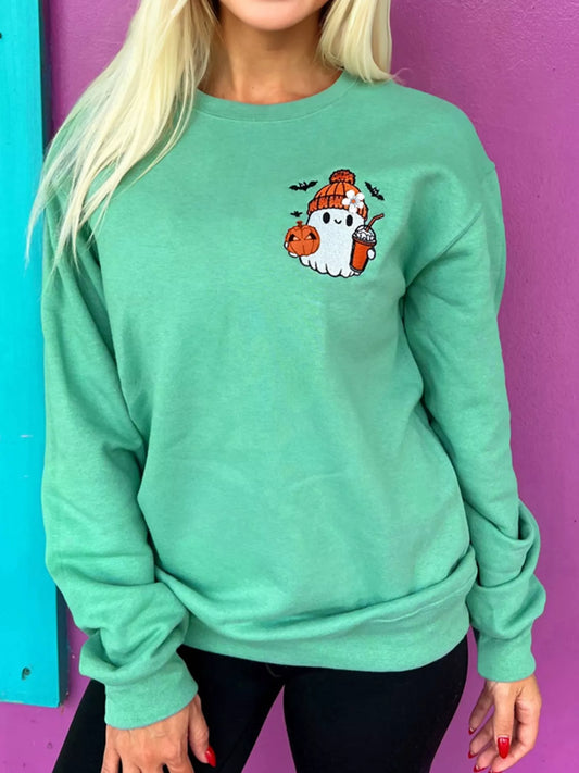 Halloween Ghost Embroidered Casual Sweatshirt - Turquoise - View 1
