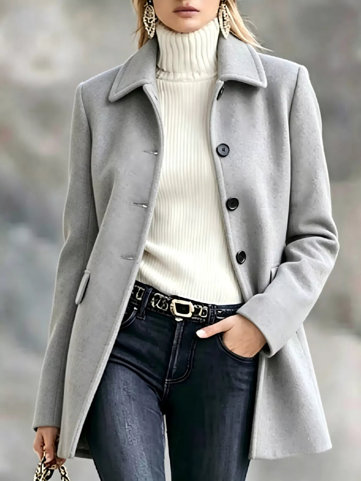 Button Up Collared Neck Coat - Light Gray - View 5