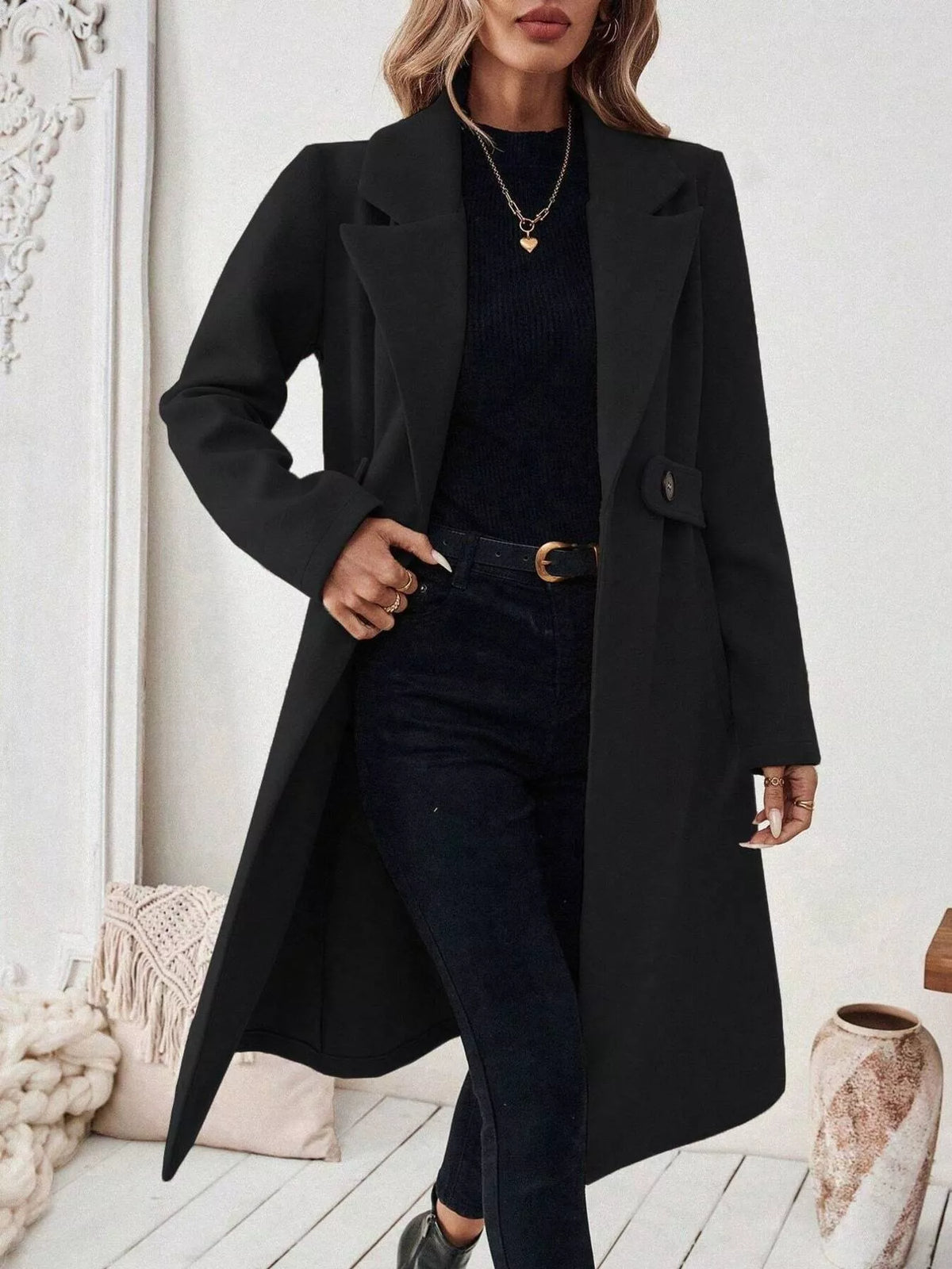 Lapel Collar Longline Coat - Black - View 4