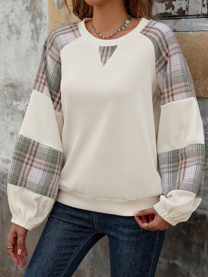 Perfee Plaid Round Neck Long Sleeve Sweatshirt - Cream - Front View
