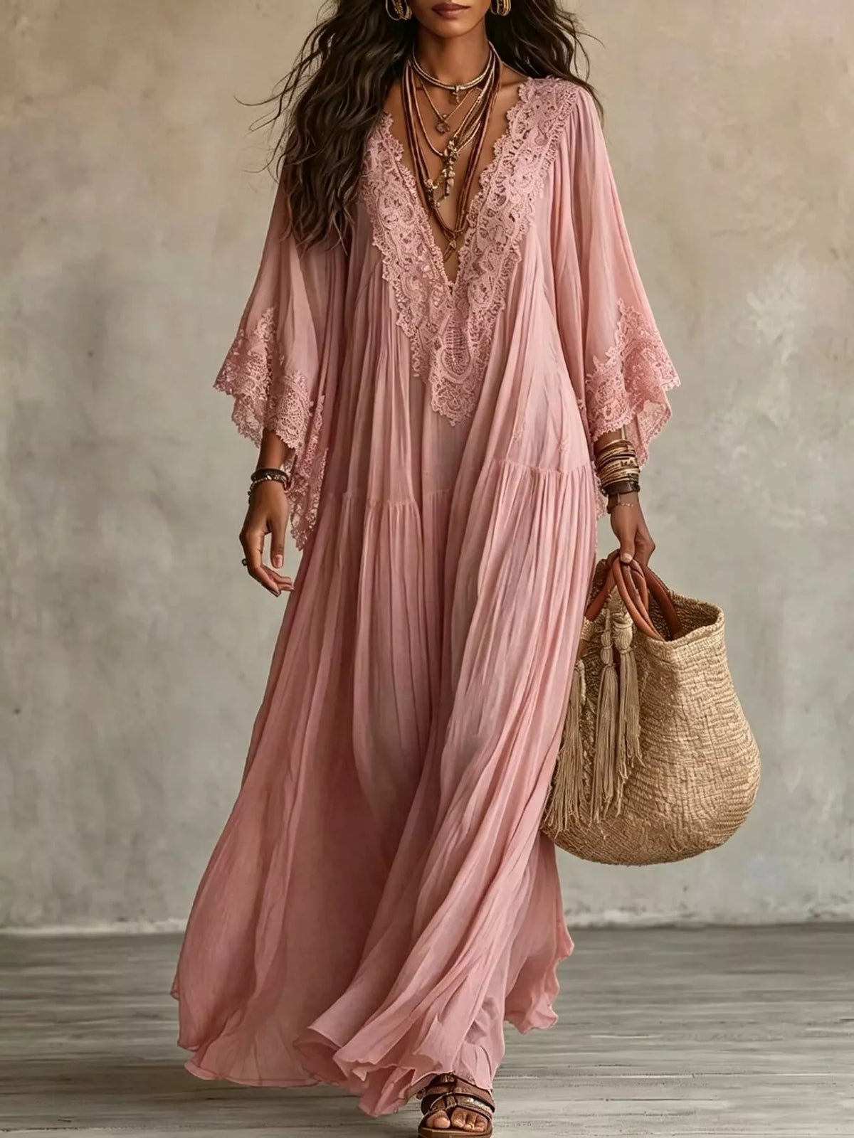 Lace Trim V-Neck Maxi Dress - Dusty Pink - View 1