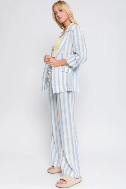 Love Tree Linen Woven Striped Blazer - Blue - View 3