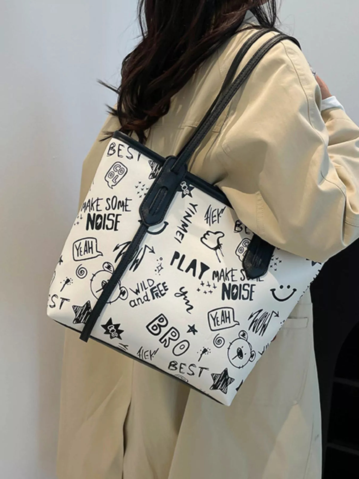 Graffiti Print Casual Tote Bag - Black - View 1
