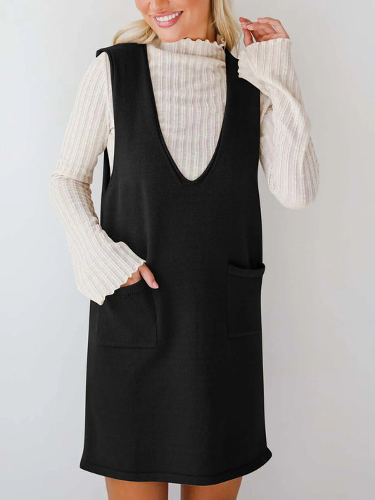 Sleeveless Knit Dress with Pockets - Black - View 1