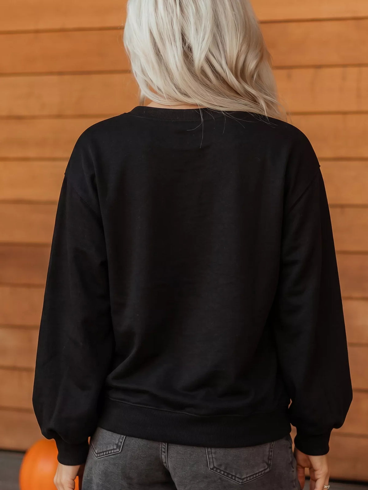 Embroidered Spooky Season Long Sleeve Round Neck Sweatshirt - Black - View 2