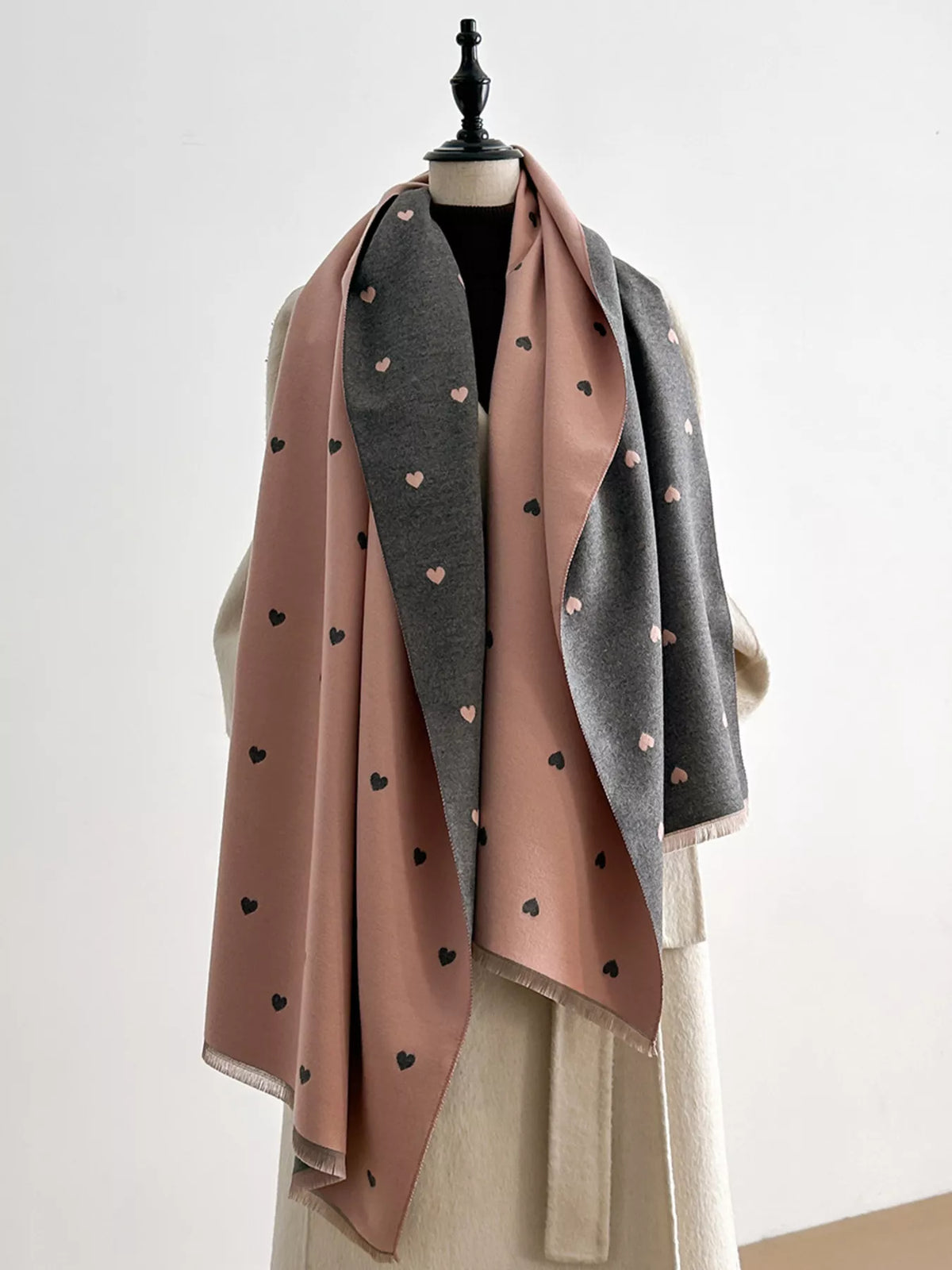 Heart Raw Hem Scarf - Pink - View 3