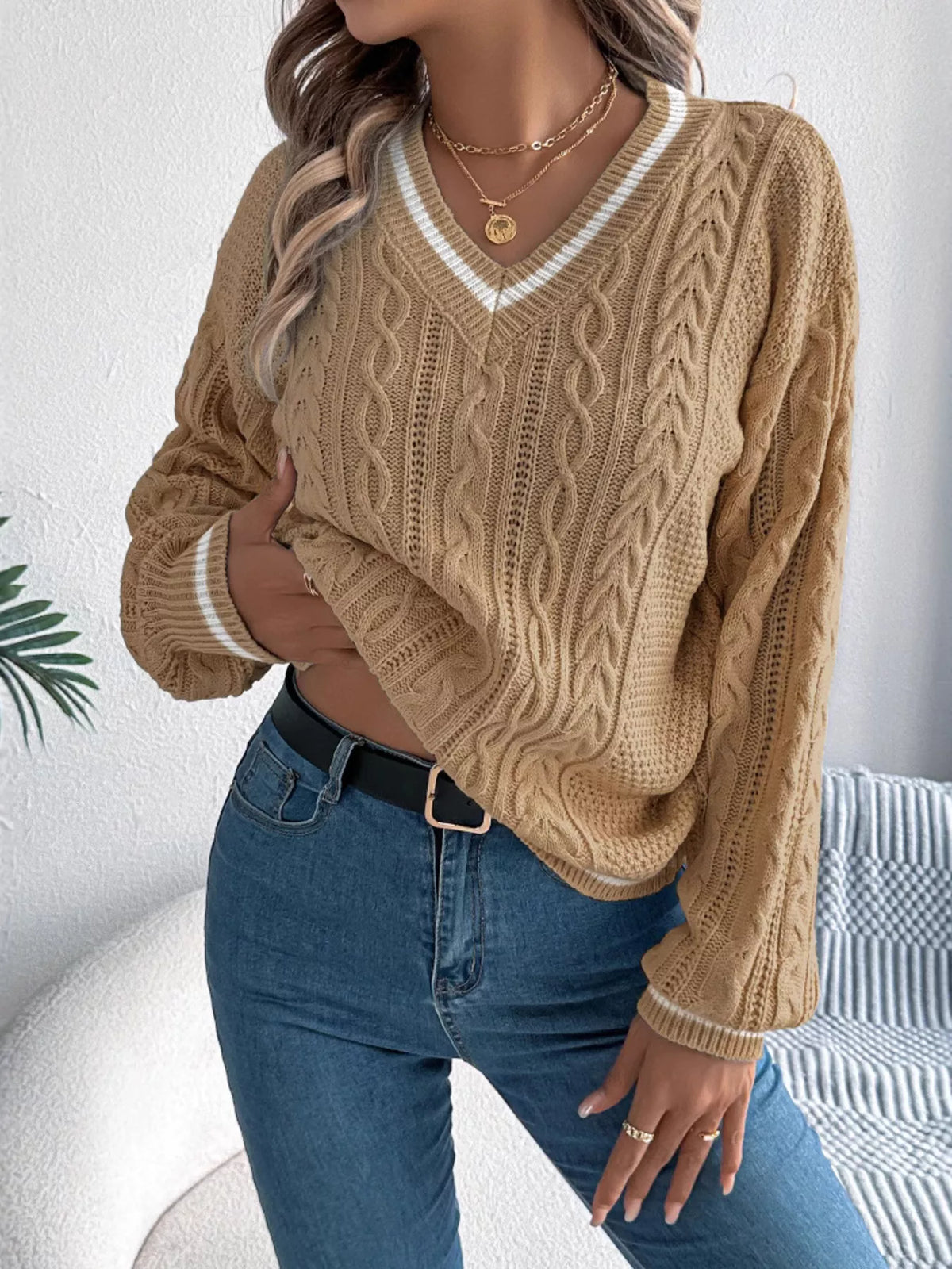 V-Neck Cable Knit Sweater with Striped Trim - Khaki - View 2