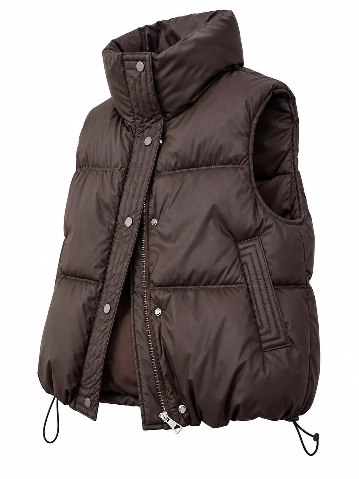 Drawstring Snap Down Puffer Vest Coat - Coffee - View 7