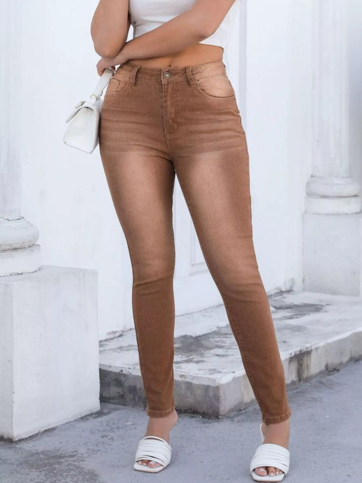 High-Waisted Slim-Fit Jeans - Brown - View 3