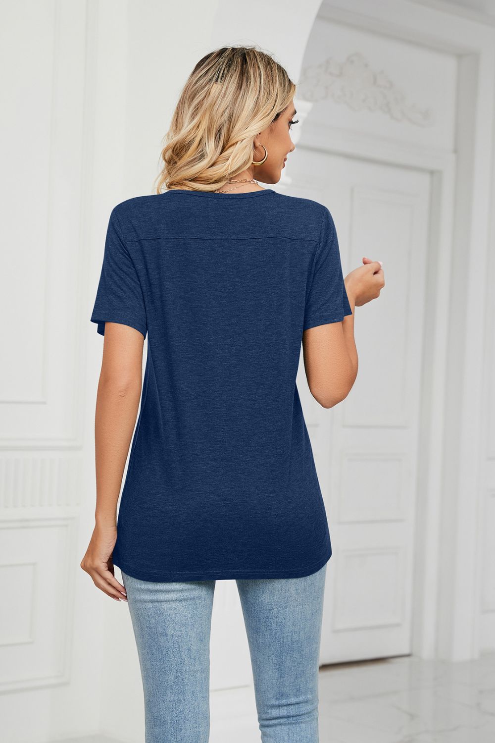 Decorative Button V-Neck T-Shirt - Dark Navy - View 18