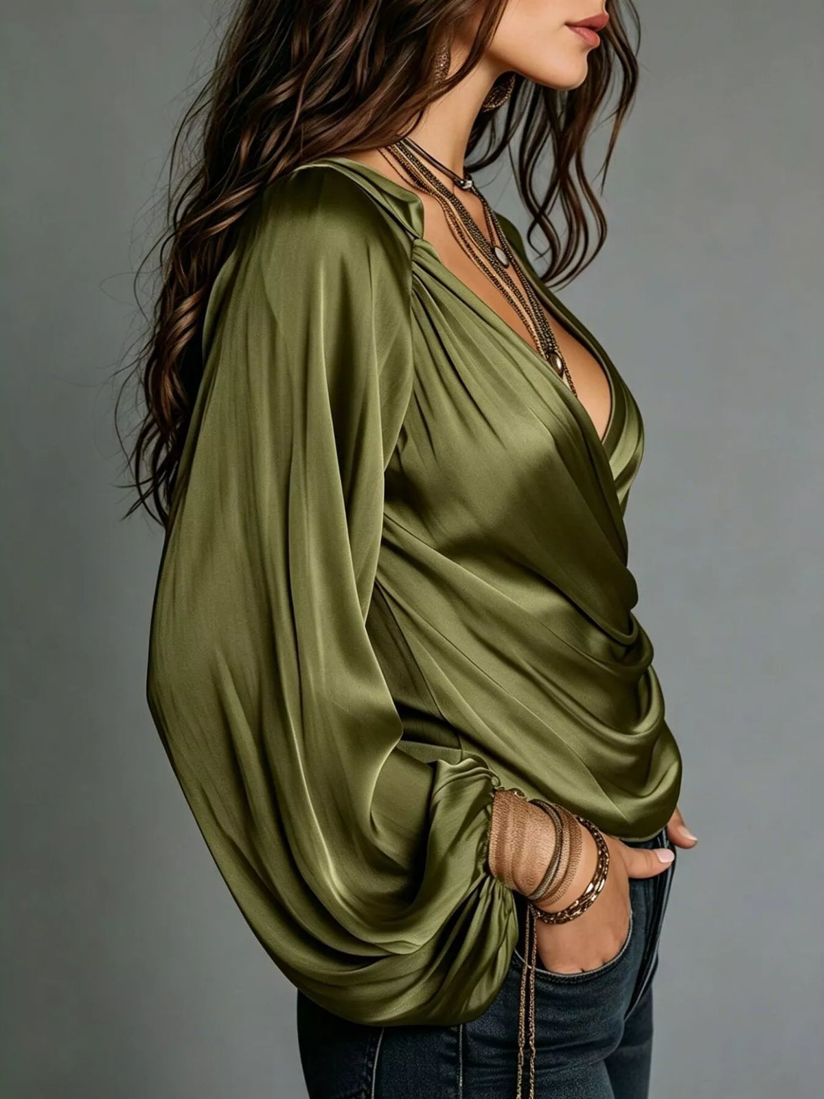 Satin Balloon Sleeve Blouse - Moss - View 15
