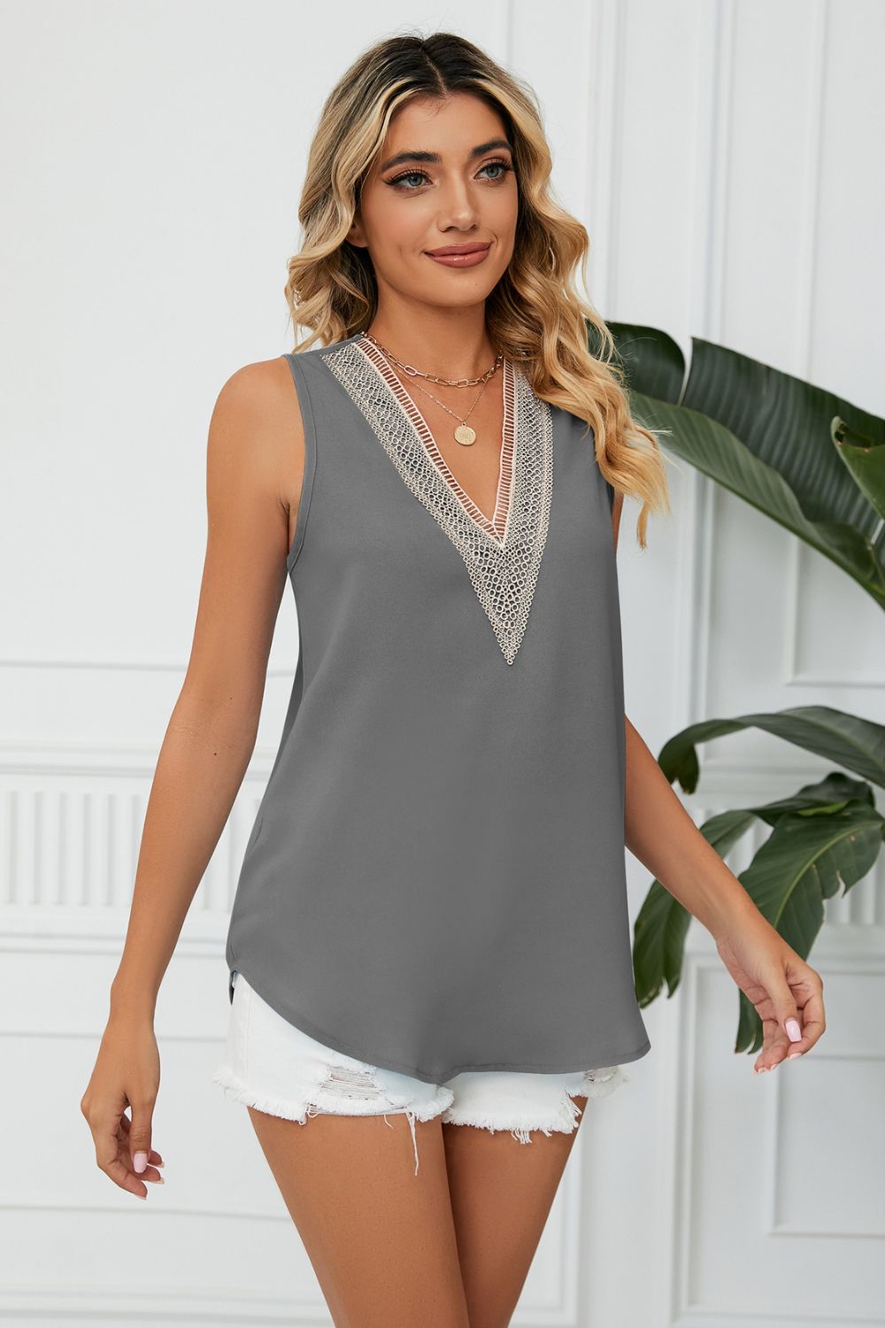 Contrast Trim Plunge Sleeveless Blouse - Gray Dawn - View 20