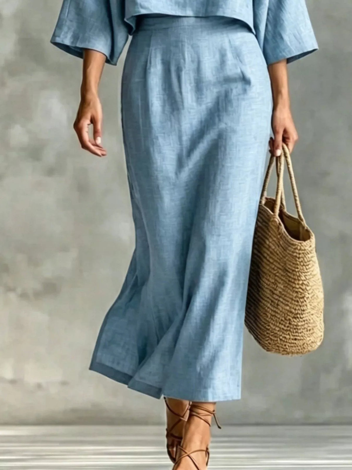 Full Size Solid Color Cropped Top and Midi Skirt Set Plus Size - Sky Blue - View 3