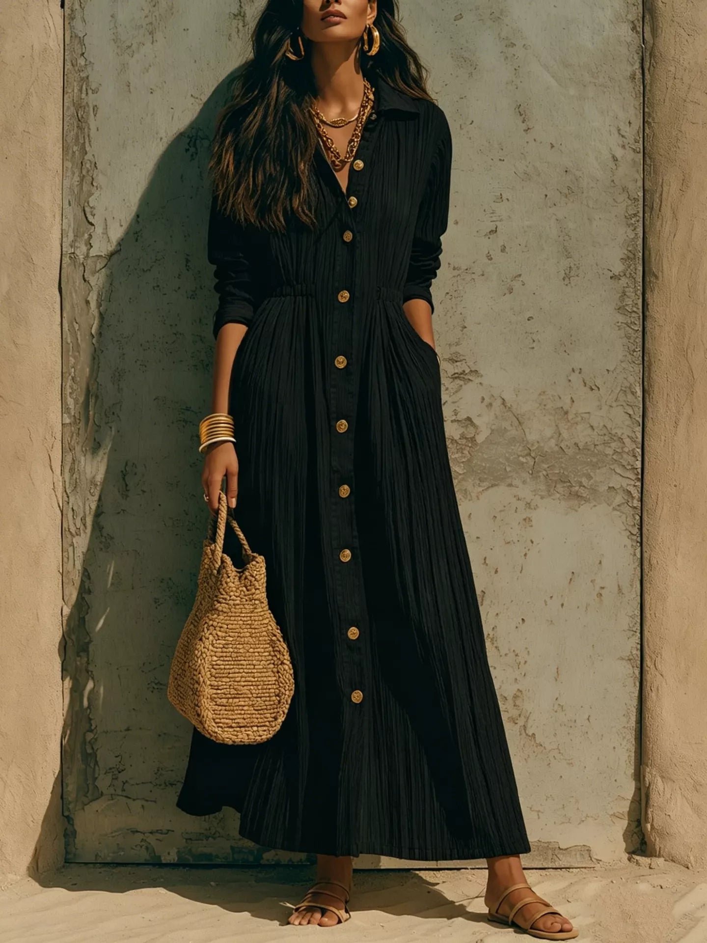 Full Size Textured Button Down Long Sleeve Maxi Dress Plus Size - Black - Styled Front View